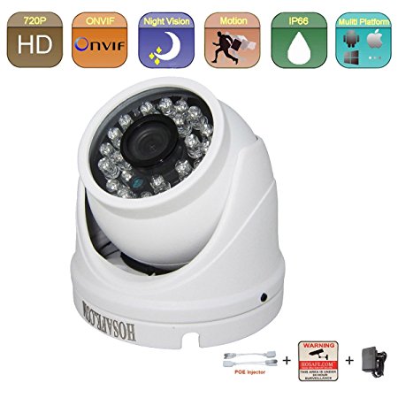 HOSAFE 1MD4 HD IP Camera Outdoor 1MP 1280x720P Night Vision ONVIF H.264 Motion Detection Email Alert Remote View Via Smart Phone/Tablet/PC, Working With Foscam IP Camera Software Blue Iris iSpy IP Camera DVR(White)
