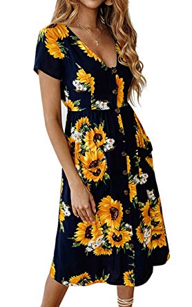 Angashion Women's Dresses- Summer Boho Sunflower Button V Neck Short Sleeve Midi Skater T Shirt DressWith Pockets