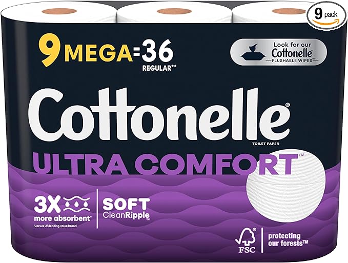 Cottonelle Ultra Comfort Toilet Paper, 2-Ply, Strong Toilet Tissue, 9 Mega Rolls (9 Mega Rolls = 36 Regular Rolls), 268 Sheets per Roll, Packaging May Vary