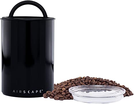 Airscape Coffee and Food Storage Canister - Patented Airtight Lid Preserve Food Freshness with Two Way C02 Valve, Stainless Steel Food Container, Obsidian Black, Medium 7-Inch Can