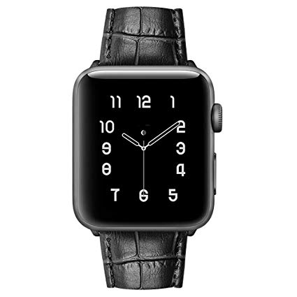 MARGE PLUS Compatible with Apple Watch Band 44mm 42mm, Alligator Grain Calf Genuine Leather Strap Replacement for iWatch Series 5/4/3/2/1 Sport and Edition, Black