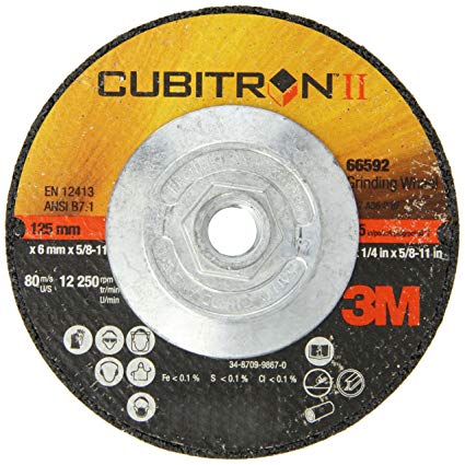 3M Cubitron II Depressed Center Grinding Wheel T27 Quick Change, Precision Shaped Ceramic Grain, 12250 RPM, 5" Diameter x 1/4" Thick, 5/8"-11 Arbor, 36  Grade (Pack of 1)