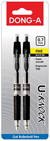 DONG-A U-KNOCK Gel Ink Roller Ball Pens, 0.7mm, Black, 2-Pack