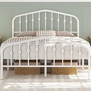 Yaheetech 4ft6 Double Bed Frames Metal slatted Bed Base with Crown-inspired Design Headboard/Spacious Under-bed Storage White Double Bed