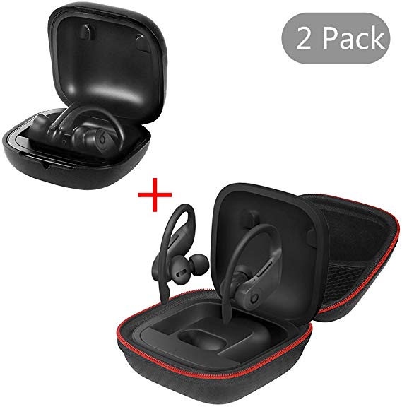 (2 Pack) Qiyiguo Portable Silicone add Hard Travel Cases Set Replacement for Beats Powerbeats Pro 2019, Anti-Lost Shockproof Easy Carrying Protective Case with Keychain for Powerbeats Pro- Black