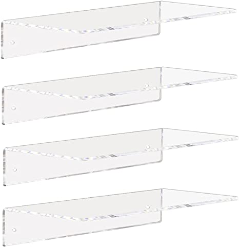 Clear Acrylic Display Small Shelf, 5mm Thick Floating Shelves Won't Fall-Off for Bedroom, Living Room, Bathroom, Set of 4
