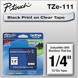 Brother 1/4 Inch Laminated Black On Clear Tape 1/Pkg 26.2 Ft For Tz P-Touch All Tz Machines