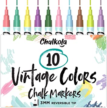 Liquid Chalk Markers for Blackboards (10 Vintage Colors) - Fine Tip Dry Erase Marker Pens for Chalkboards Signs, Windows, Bistro - 3mm Reversible Tip - 50 Chalkboard Labels Included