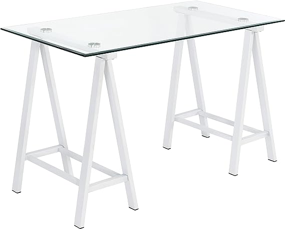 OSP Home Furnishings Middleton 47 Inch Desk with Clear Beveled Glass Top, White Base