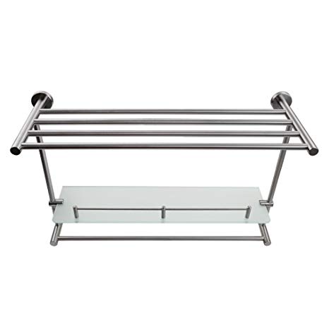 KES BGS2201-2 SUS304 Stainless Steel Lavatory Bathroom Towel Rack and Tempered Glass Shelf 7MM-Thick Wall Mount with Towel Bar and Rail, Brushed