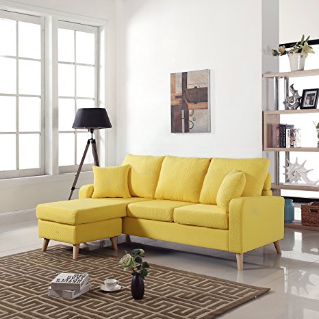 Mid Century Modern Linen Fabric Small Space Sectional Sofa with Reversible Chaise (Yellow)