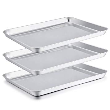 Large Baking Sheet Set of 3, P&P Chef Stainless Steel Baking Pans Tray Cookie Sheet, Rectangle 16’’x12’’x1’’, Healthy & Non Toxic, Mirror Finish & Easy Clean - Dishwasher Safe