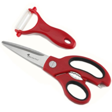 Chef Made Easy Kitchen Scissors with Bonus Ceramic Peeler (Red) - Heavy Duty Stainless Steel Best Kitchen Shears - Dishwasher Safe