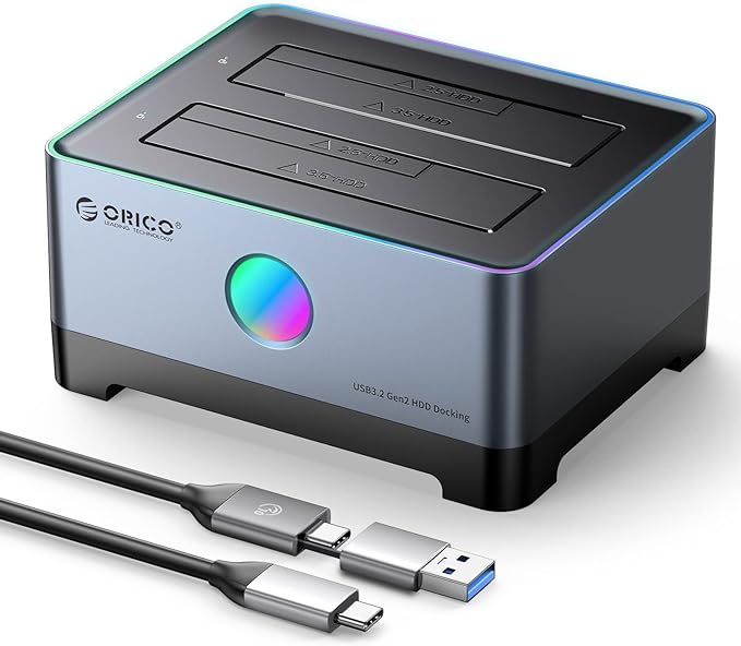 ORICO RGB USB 3.1 to SATA Hard Drive Docking Station Aluminum Alloy with Duplicator/Clone Function for 2.5/3.5 inch Hard Drive Dock Support 36TB-Include 10Gbps Type-C/Type-A Cable-5528C3-C