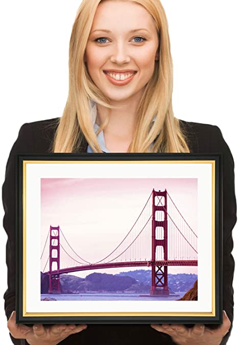 CREKERT Picture Frame 11x14 Frame Diploma Frame 8.5x11 with Mat Included for Wall and Desk Real Solid Wood Golden Rim (Black Gold   White Mat, 1 Pack)