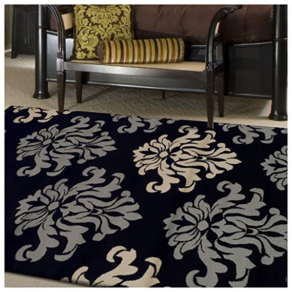 Superior Designer Casper Collection Area Rug, 8mm Pile Height with Jute Backing, Chic Tonal Damask Pattern, Anti-Static, Water-Repellent Rugs - Black, 8' x 10' Rug