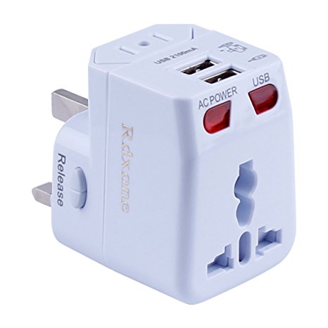 Rdxone Universal World Travel Power Converter Adapter with 2 USB for Europe, Italy, Ireland, UK - Over 150 Countries & AC Travel Adapter Plug Converter Plug Wall Charger for iPhone, Android (White)