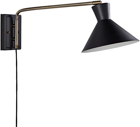 Rivet Mid-Century Swiveling Long Arms, Pivoting Head, Plug-In, Hardwire or 2-in-1 Option Wall Sconce with Bulb, 10.4"H, Matte Black with Antique Brass