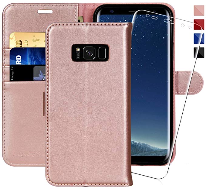 Galaxy S8 Wallet Case, 5.8-inch,MONASAY [Included Screen Protector] Flip Folio Leather Cell Phone Cover with Credit Card Holder for Samsung Galaxy S8