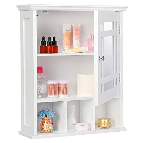 Yaheetech Bathroom Cabinet Organizer Wall-Mounted - Wooden Medicine Cabinet Storage with Mirror Doors Adjustable Shelf White