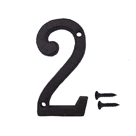 3 Inch Wrought Iron House Number, Matching Screws Included Black Number 2