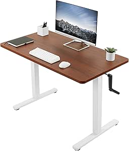 VIVO Manual Height Adjustable 43 x 24 inch Stand Up Desk, Dark Walnut Solid One-Piece Table Top, White Frame, Standing Workstation with Hand Crank, DESK-KIT-CW4D