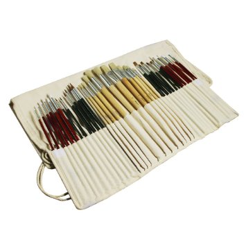 iBayam 36 Paint Brush Set Long Wooden Handle Synthetic Hog and Pony Hair Bristles Paint Brushes with Free Canvas Roll-up Good for Watercolor Acrylic Oils And Other Paint Media