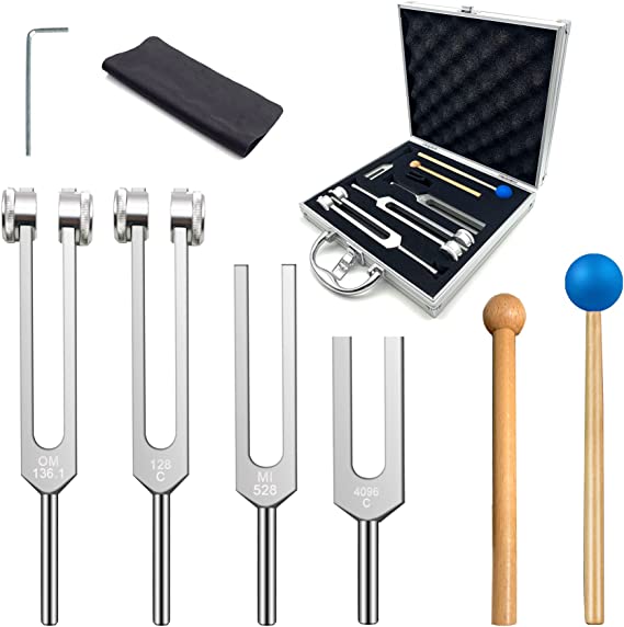 Tuning Fork Set of 4 (128Hz, OM 136.1Hz, MI 528Hz, 4096Hz) - Body Tuning Forks for Healing Chakra Set, Stress Relief & DNA Repair, Exquisite Packaging