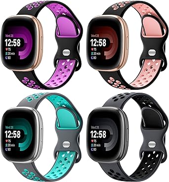 Maledan 4 Pack Sport Band Compatible for Fitbit Versa 3/Versa 4/ Fitbit Sense/Sense 2 Bands Women Men, Soft Wristband Replacement Accessories for Fitbit Versa 3/4 and Sense/Sense 2 Smart Watch Band