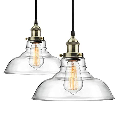 48Hours Big Sales! Pro 1-Light Industrial Edison Vintage Hanging Lamp, Height Adjustable Glass Pendant Light, Antique Brass Brushed E26 Socket, Perfect for Kitchen, Dining Room (2Packs)