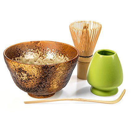 Tealyra - Matcha - Start Up Kit - 4 items - Matcha Green Tea Gift Set - Japanese Made Golden Bowl - Bamboo Whisk and Scoop - Whisk Holder - Gift Box