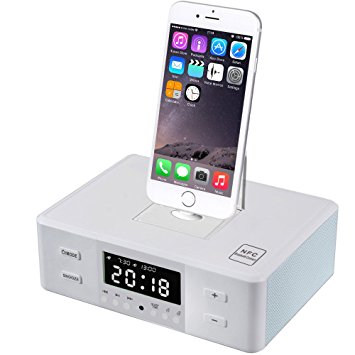 PowMax WW-48 FM Radio Dual Alarm Clock with Smart Charger Dock Station NFC Bluetooth Stereo Speaker Remote Control LCD Screen for Phone-(White)