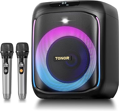 TONOR Karaoke Machine for Adults & Kids, Portable Singing PA Speaker System with 2 Wireless Microphones and RGB LED Lights, Supports AUX/USB/TF Card for Party, Home Karaoke, Outdoor Activities K6