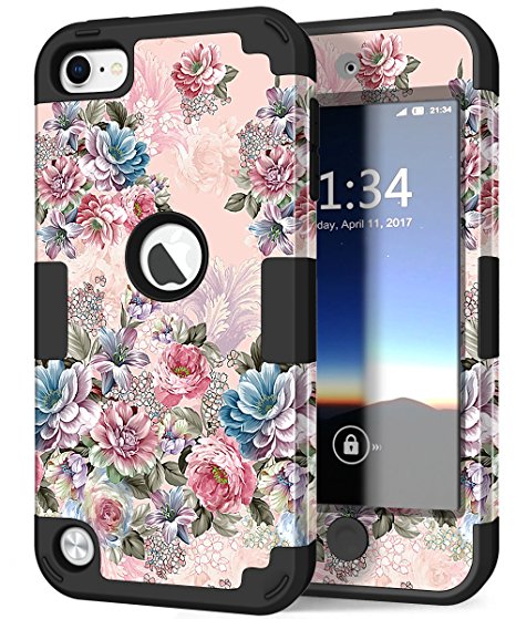 iPod 6 Case, iPod 5 Case, Hocase Drop Protection Shock Absorbing Silicone Bumper Hard Shell Hybrid Dual Layer Full-Body Protective Case for iPod touch 5th/6th Generation - Peony Floral Print / Black