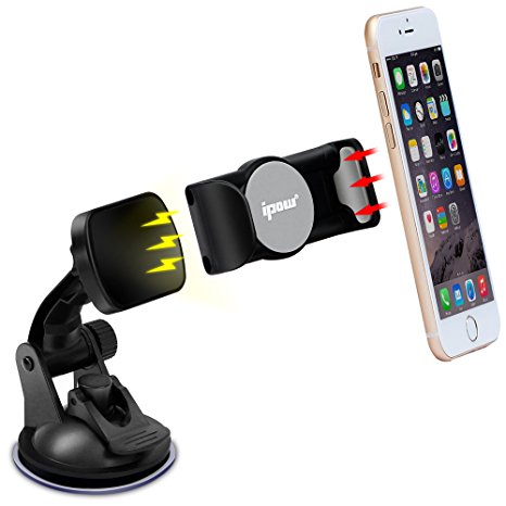 Take On/Off Magnetic Clamp From 2.0-3.4 Inches,IPOW Cell Phones Car Mount Holder Dashboard Windshield Cradle For iPhone Samsung With Strong Magnet And Sticky Suction Cup,Black With Three Methods Usage