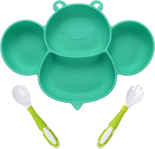 Vicloon Baby Suction Plate, Non-slip Silicone Baby Divided Placemat, Toddler Baby Feeding Plate with Bendable Fork & Spoon for Self Feeding Training, BPA-Free FDA Approved, Dishwasher & Microwave Safe