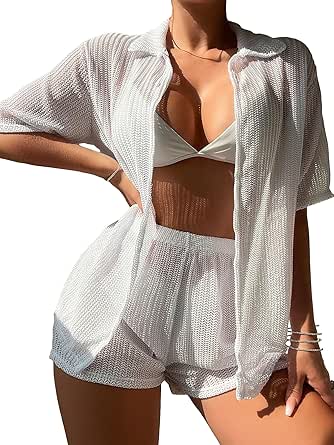 Milumia Women's 2 Piece Cover Ups Set Short Sleeve Open Front Kimono Swimsuit Coverup with Shorts