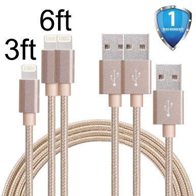 G-POW 2Pack 6ft 1Pack 3ft Nylon Braided Lightning Cable Charging Cable USB Cord for iphone 6s 6s plus 6plus 65s 5c 5iPad Mini AiriPad5iPod Compatible with iOS9Golden