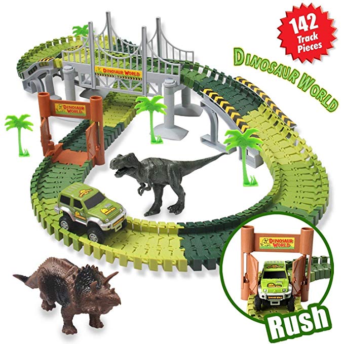 HOMOFY Dinosaur Toys Slot Car Race Track Sets Jurassic World with Flexible Tracks 2 Dinosaurs,Bridge Create A Road 142 Pcs Car Track Toys for 1 2 3 Year Old Boys Girls Toddlers Gifts