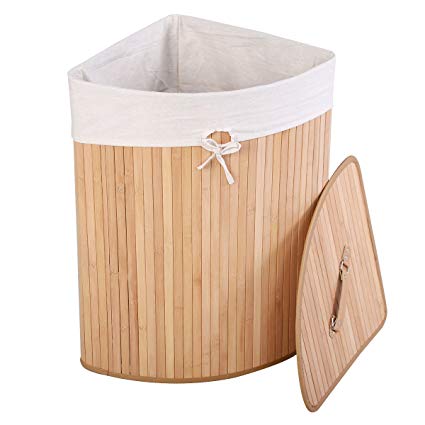 Giantex Corner Bamboo Hamper Laundry Basket Washing Cloth Bin Storage Bag Lid (Natural)