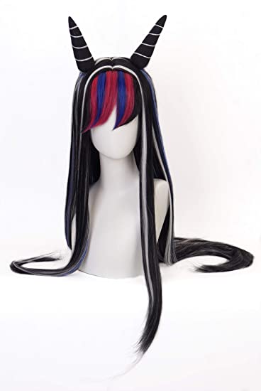 Topcosplay Anime Ibuki Mioda Cospaly Costume Wig and Horns Black Wig Long