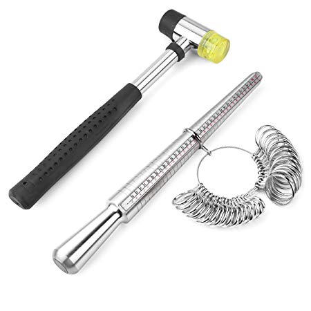 Accmor Jewelry Tools including Rubber Jewelers Hammer & Ring Mandrel with Ring Sizer Guage - US Size 0-15 for mother's day