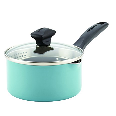 Farberware Dishwasher Safe Nonstick Aluminum Covered Straining Saucepan with Pour Spouts, 1 quart, Aqua