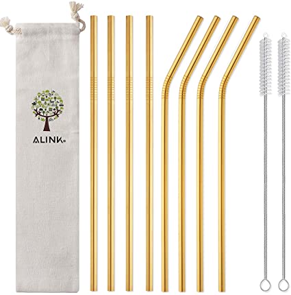 ALINK 10.5" Long Reusable Gold Metal Drinking Straws with Silicone Covers, 8-Pack Stainless Steel Straws for 30oz / 20oz Yeti/Rtic Tumblers with Cleaning Brush and Carrying Case