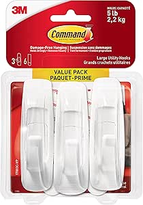 Command Large Hook Value Pack, 5 lb Capacity , 3 Hooks 6 Large Strips, (17003C-VP)