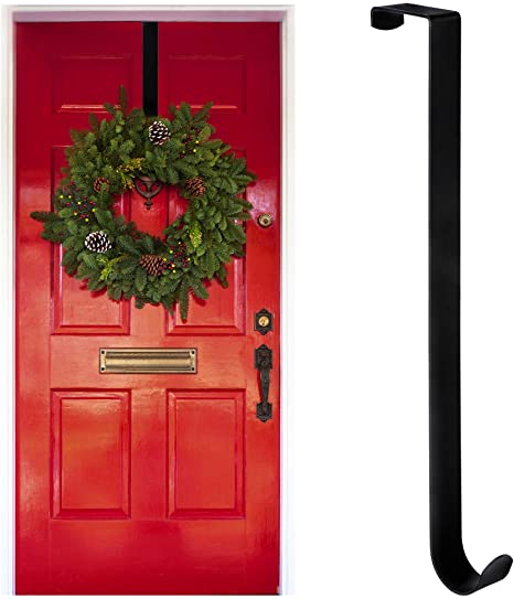 ACMETOP 15” Wreath Hanger for Front Door Heavy Duty Metal Door Wreath Hanger Over The Door Hanger Wreath Hook for Front Door Thanksgiving Christmas Wreath Decorations (Black, 1 Pack)