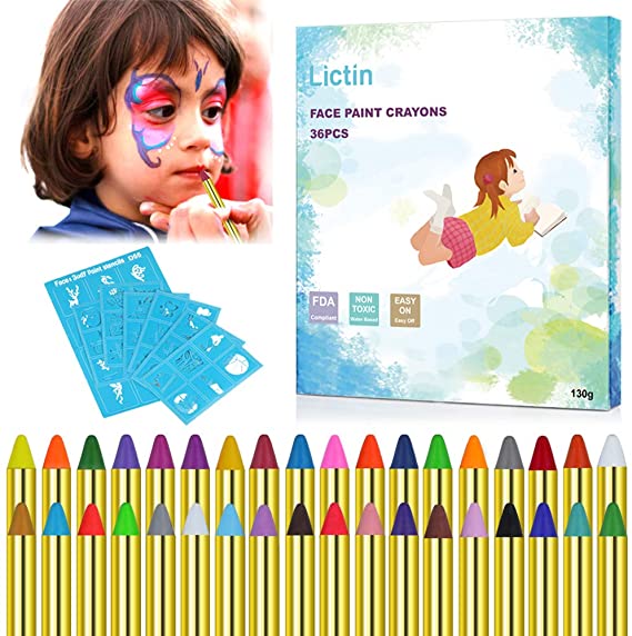 Lictin Face Paint Crayons Kits,36 Colors Face and Body Painting Sticks & 48 Stencils for Kids and Toddlers, Non-Toxic & Safe for Skin, Great Birthday Party and Festivals Makeup Suppiles