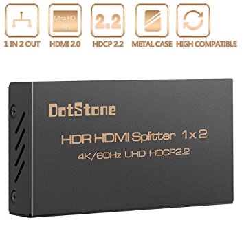 HDMI Splitter 1x2 HDMI 2.0 Support Ultra HD 4K/2K/60Hz Full HD 3D 1080P HDR Signals with HDCP 2.2 Passthrough 1 Input 2 Outputs By DotStone