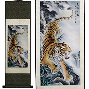 SweetHome Asian Silk Scroll & Picture Scroll & Wall Scroll Calligraphy Hanging Artwork (The Tiger Coming Down)