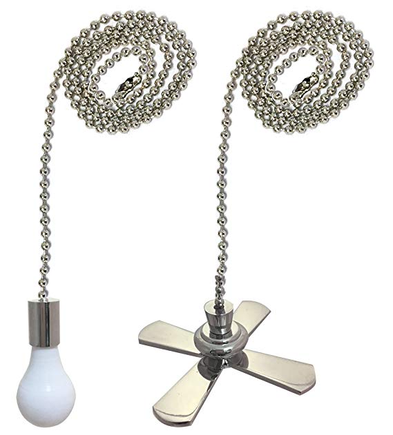Royal Designs Fan and Light Bulb Shaped Pull Chain Set – Nickel Plated, One Pair